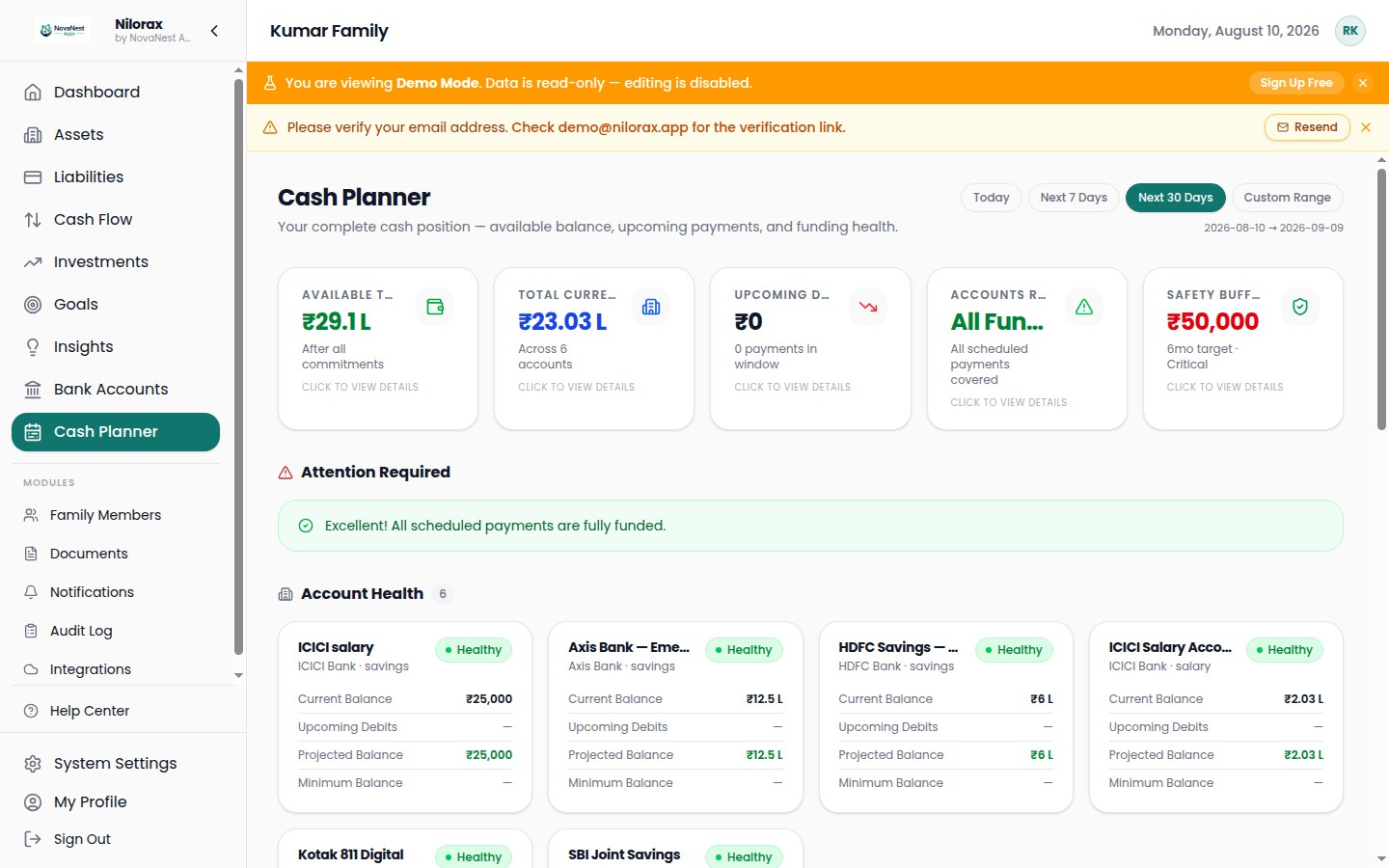 Nilorax Cash Planner showing upcoming EMI commitments, account funding health, and spendable balance
