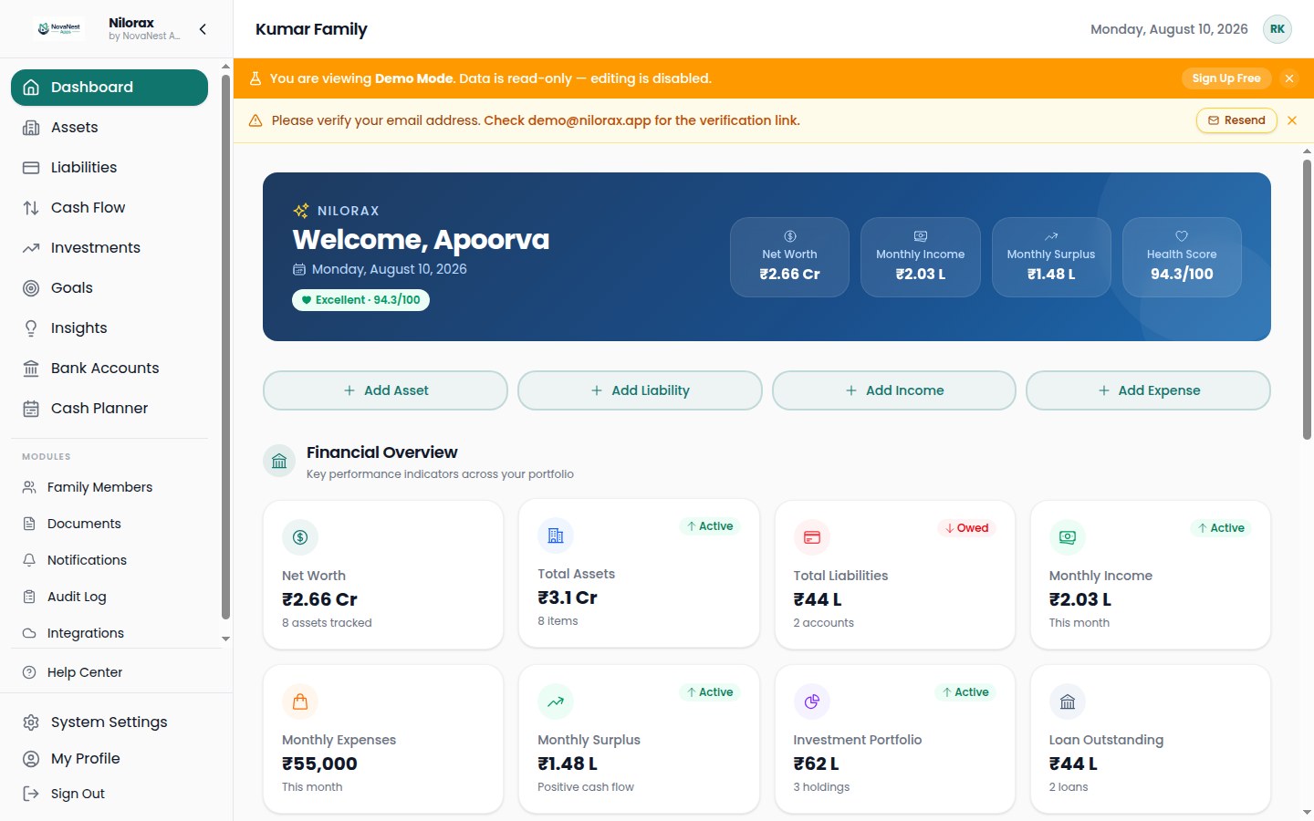 Nilorax personal finance dashboard showing net worth and financial overview in light mode